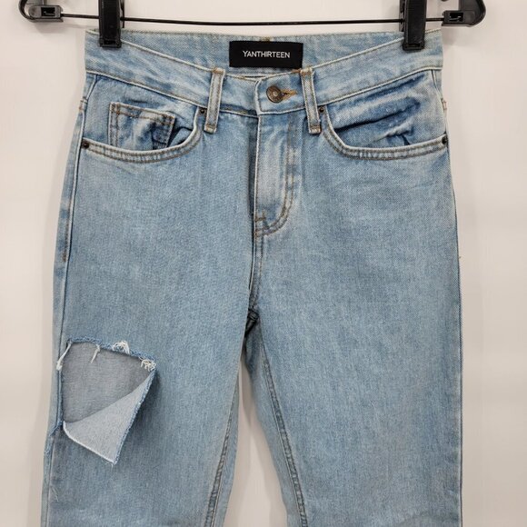 Yan13 Women Blue 100% Cotton 9" High Rise Destroyed Frayed Hem Jeans Size 26 - Picture 2 of 13